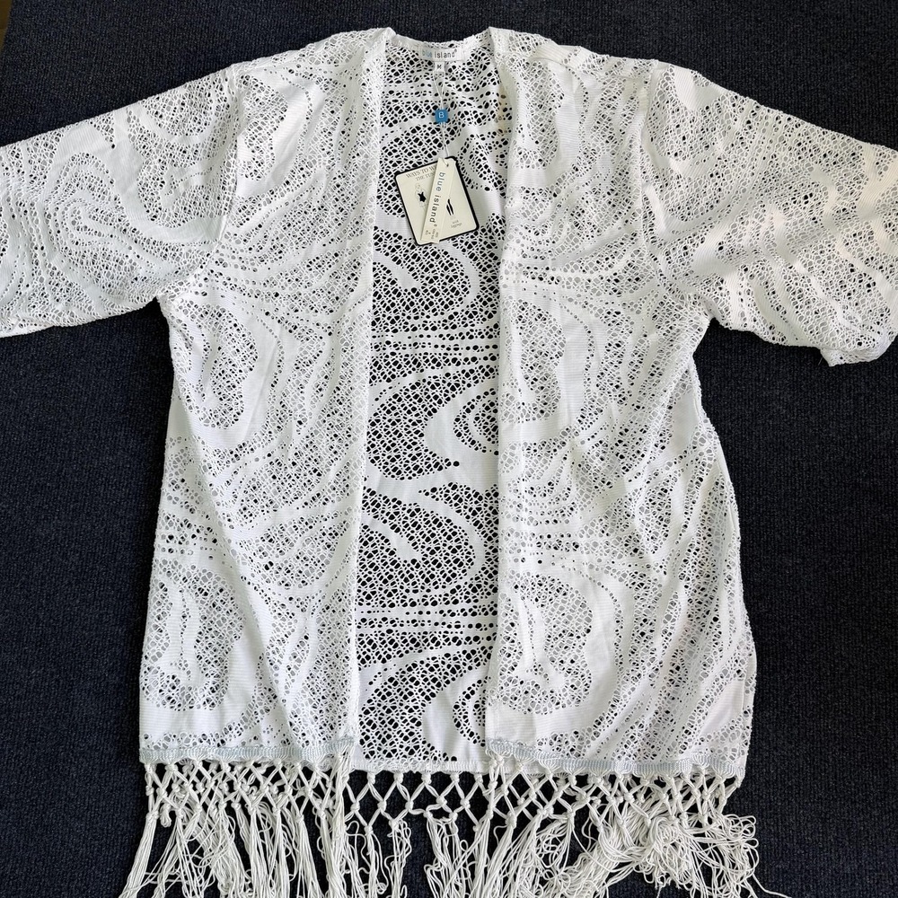 Blue Island Tunic Cover Up Womens Medium White Crochet Fringe Swim‎ Beach Boho